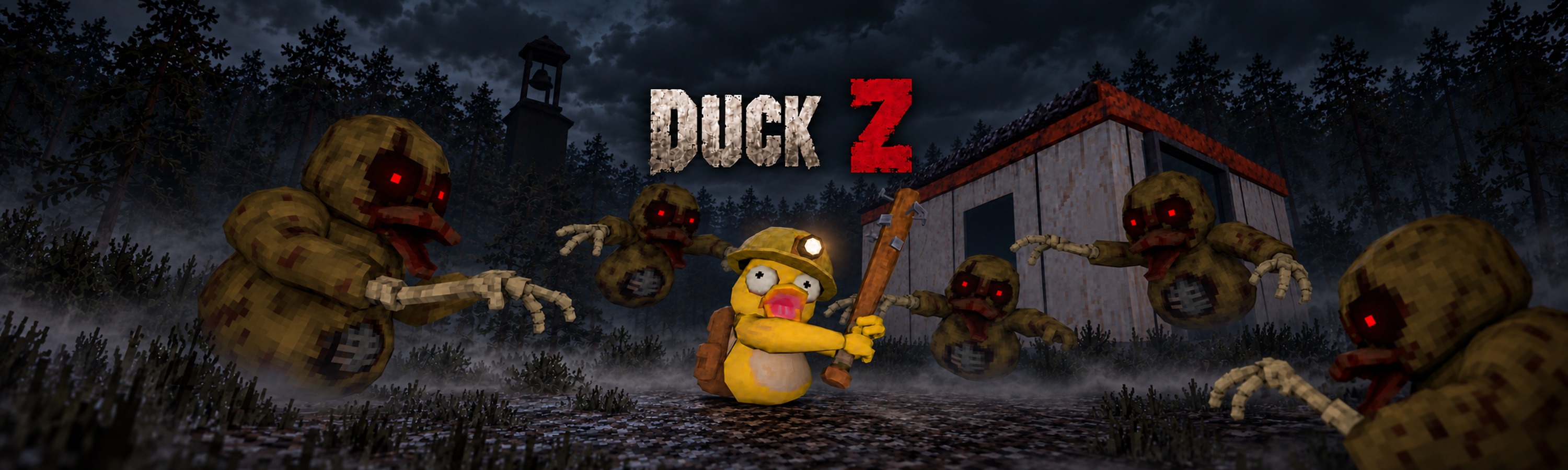A yellow duck with a spiked bat surrounded by zombie ducks in a dark forest