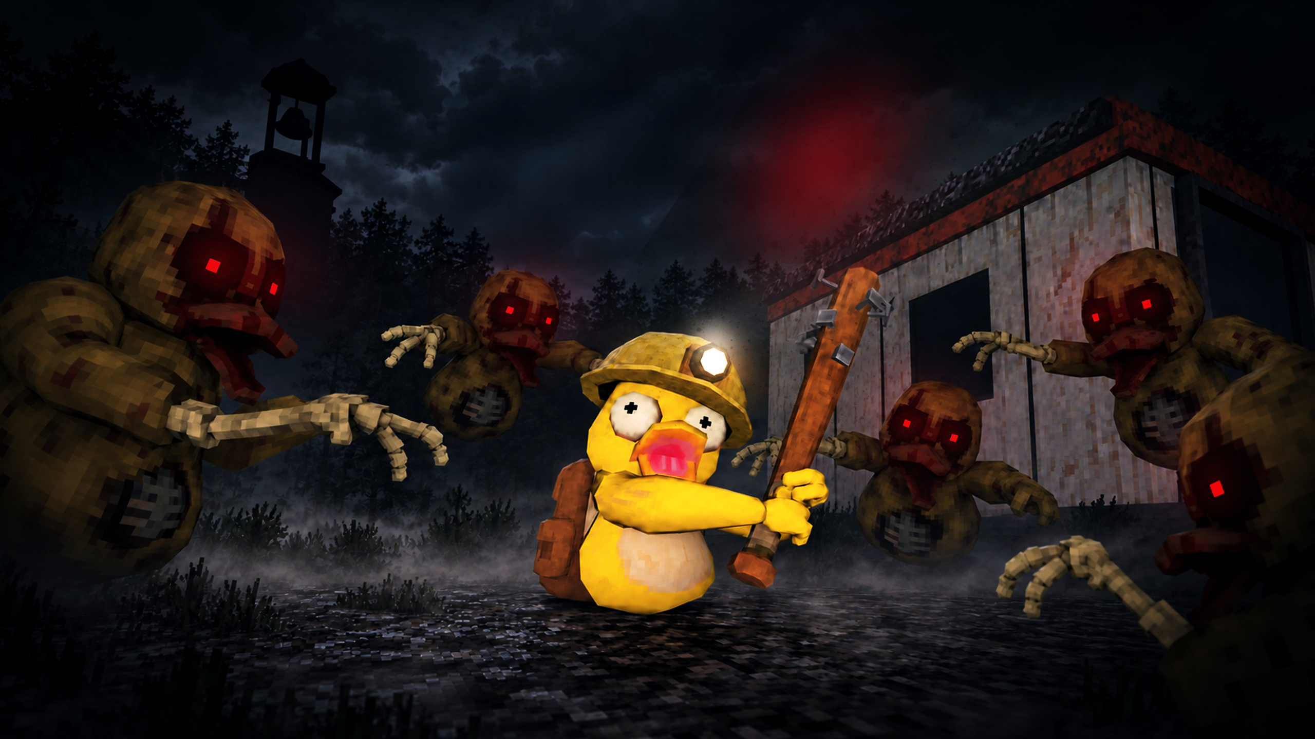 A yellow duck with a spiked bat surrounded by zombie ducks in a dark forest